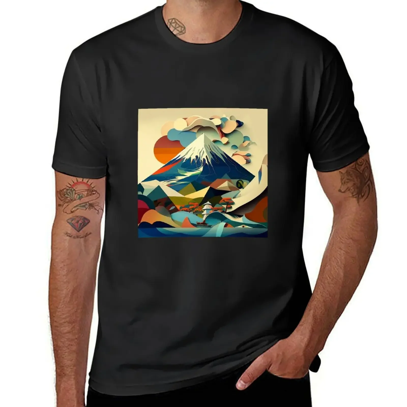 Mount Fuji in Cubism Style T-Shirt street wear heavyweights anime men clothings