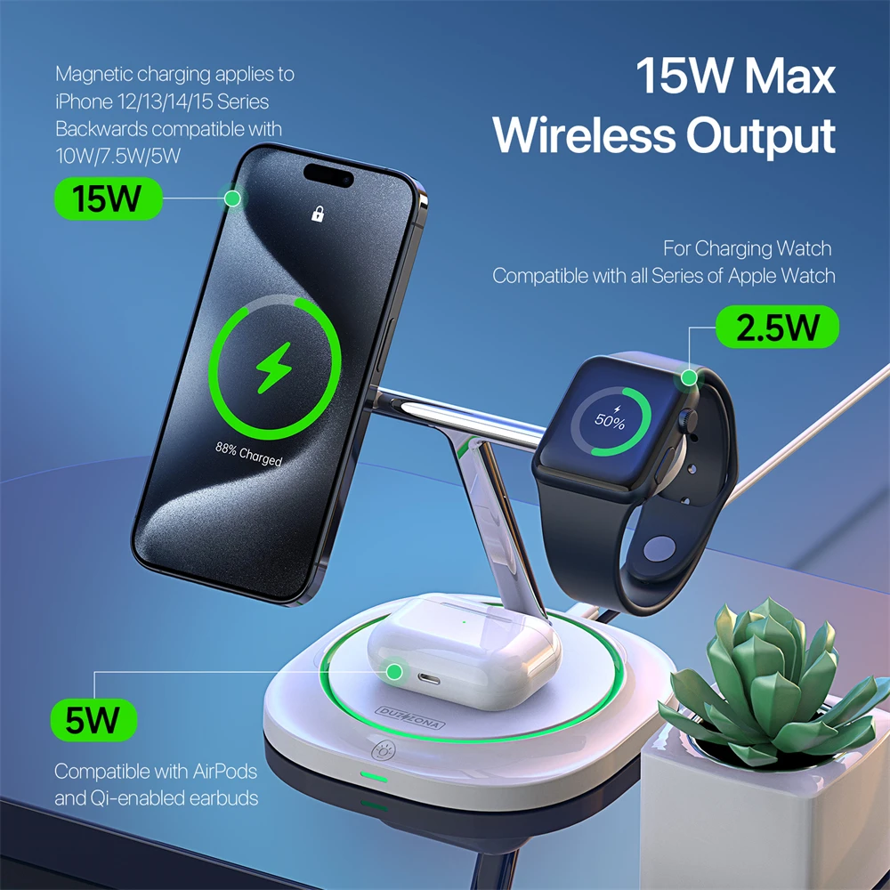 3 in 1 15W Magnetic Wireless Charger for iPhone 15 Pro Max 14 13 12 Apple Watch AirPods Desk Charging Stand Station