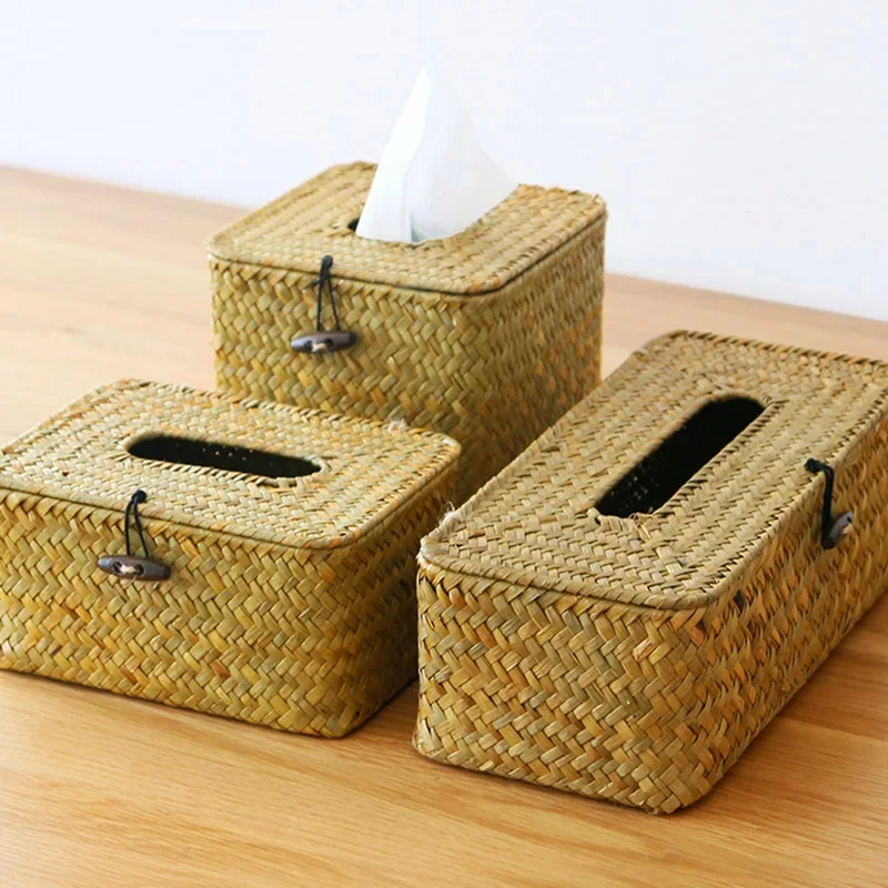 Straw Tissue Box Handmade Woven Rattan Napkin Holder Box Roll Paper Tray Car Living Room Storage Box Home Decor WF