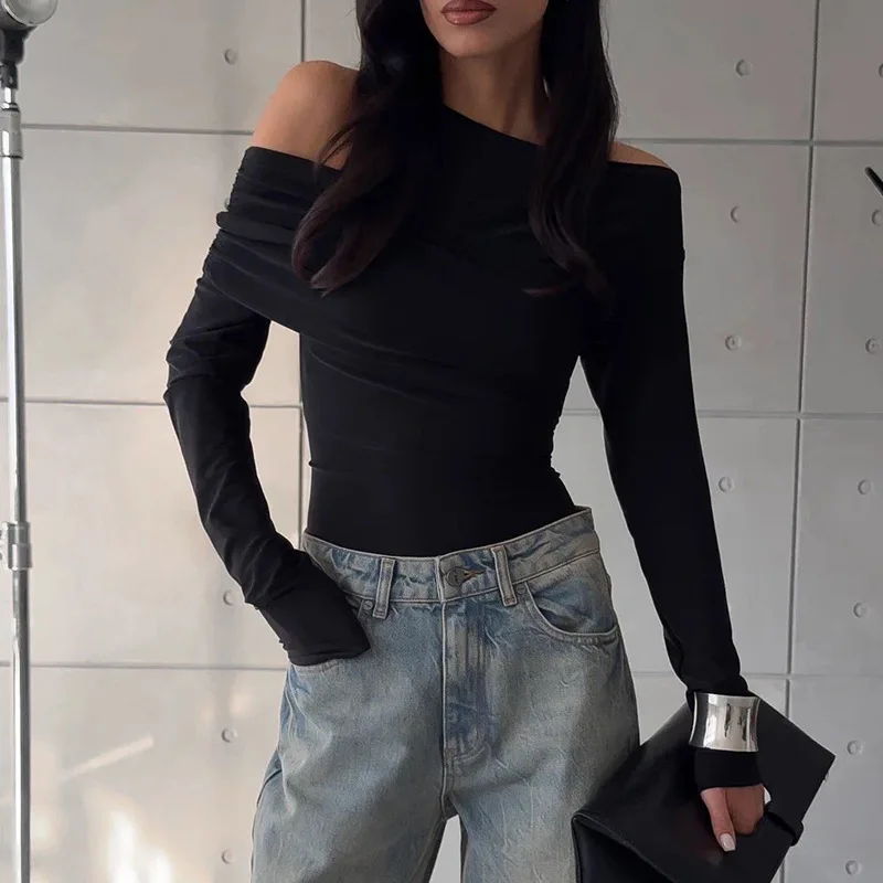 

Women'S Autumn And Winter New Sexy Slant Neck Solid Color Slim Fit Versatile Knitted Long Sleeved Base Top