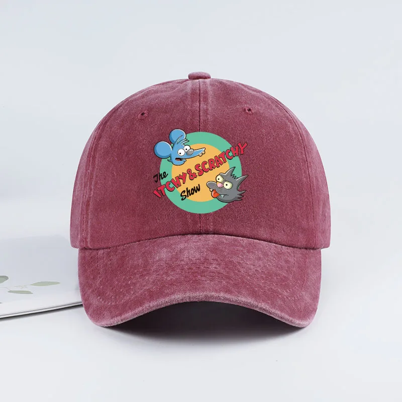 Itchy & Scratchy Show Print Washed Baseball Cap, verstellbarer Unisex-Sonnenhut für Cartoon-Fans – Detail 5