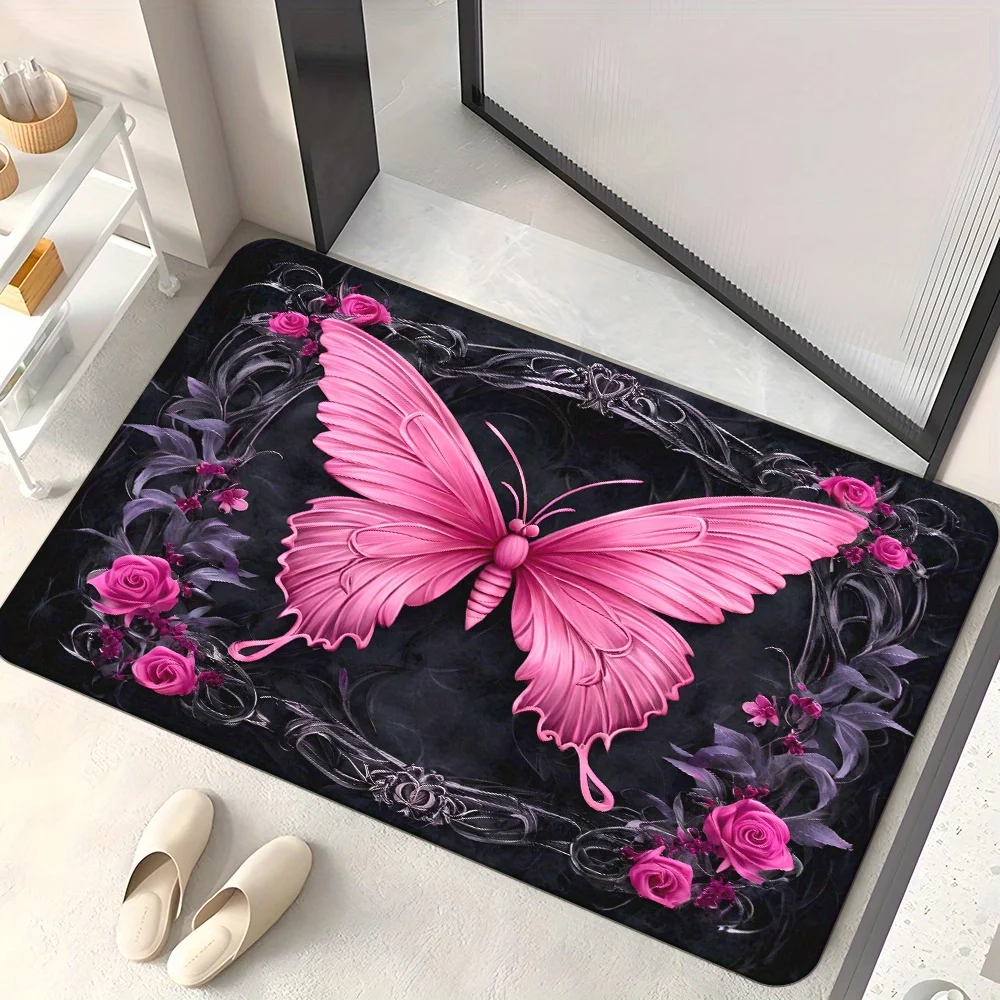 1pc, 2D Flat Pink Butterfly Roses Gothic Frame Flannel Door Mat Non Slip Fantasy Nature Rug For Entryway Bedroom Floor Decor