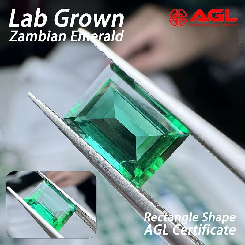 

Lab Grown Zambian Emerald Rectangle Shape Hydrothermal Hand Cutting with Cracks Inclusions Inside Selectable AGL Certificate