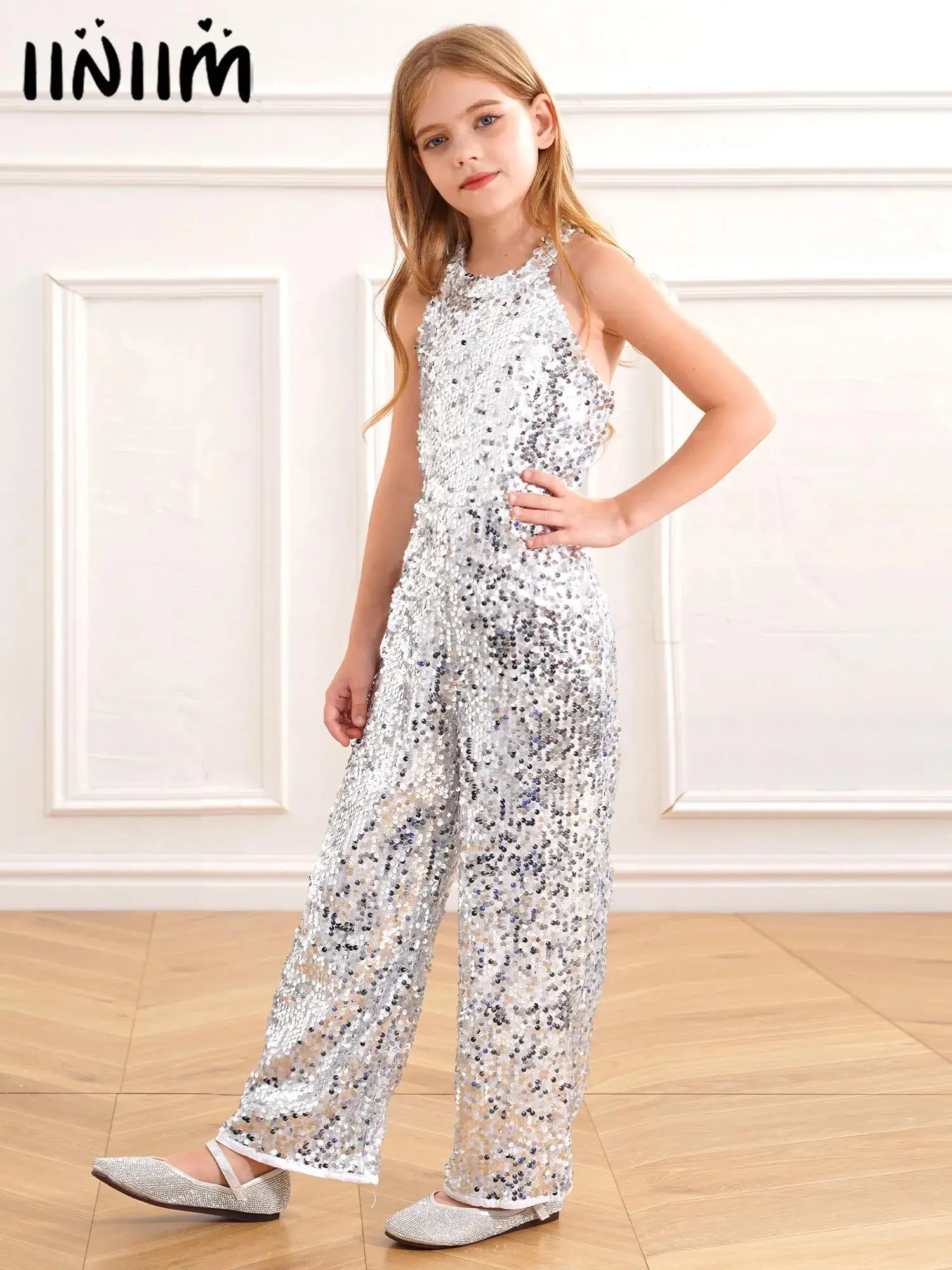 

Girls Dance Stage Costume Latin Jazz Ballet Dancewear Leotard Jumpsuit Kids Shiny Sequins Halter Prom Party Jumpsuit Playsuit