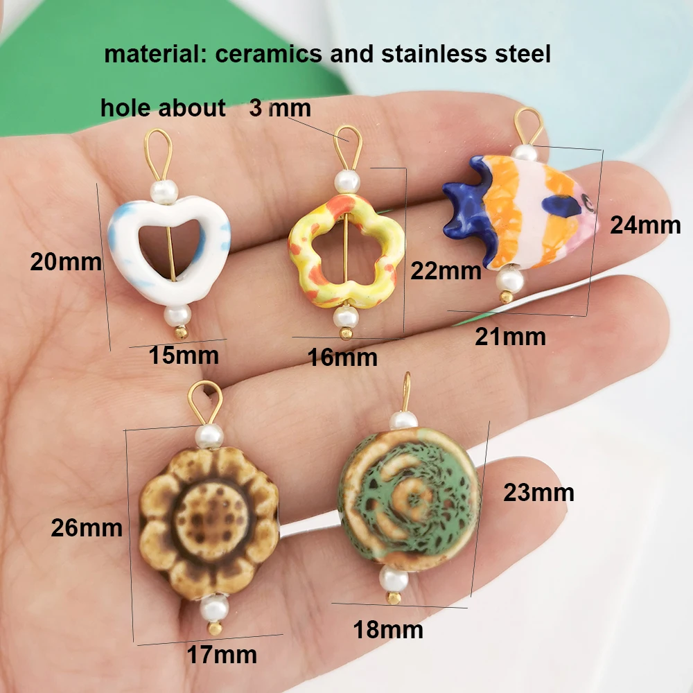 Heart Flower Conch Ceramics Pendant Charm Handmade for Necklace Stainless Steel Gold Color Geometric Imitation Pearl Wholesale