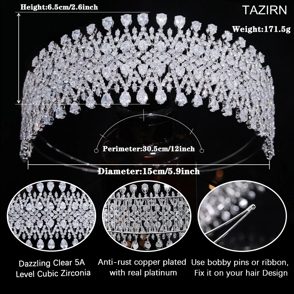 TAZIRN 5A Cubic Zirconia Bridal Wedding Big Headband Women Luxury Sparkling Handmade CZ Hairband Jewelry Head Accessories Gifts