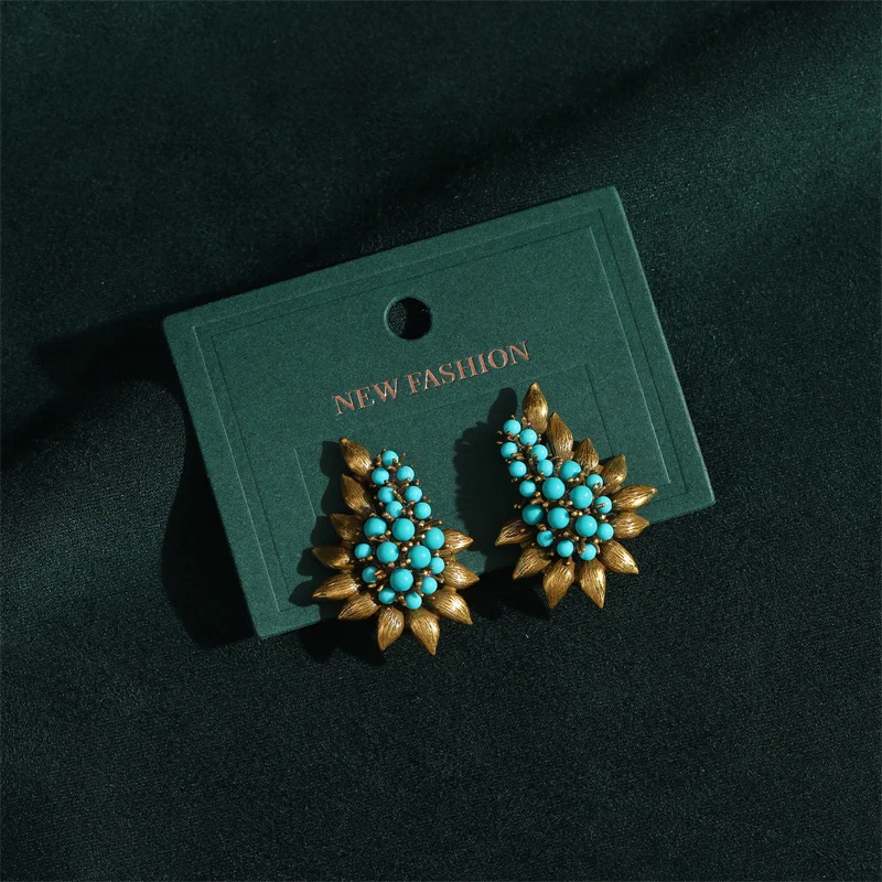 Vintage Beaded Sea Blue Natural Stones Tree Leaf Stud Earrings Antique Jewelry Bohemia Retro Luxury Party Bride Accessories 2024