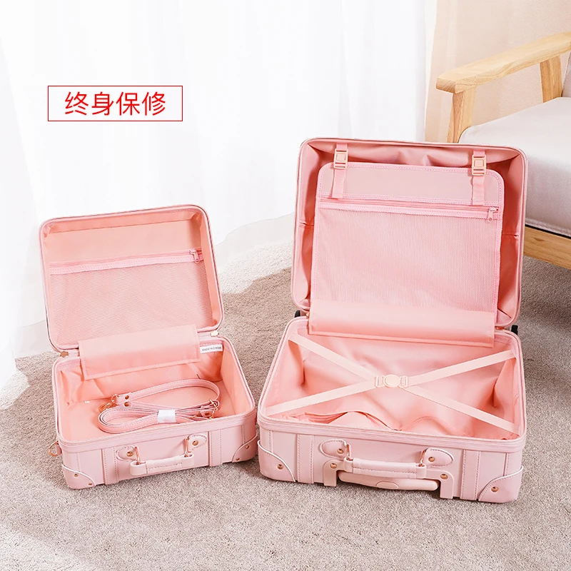 Handmade retro luggage pu leather trolley suitcase women 16/18 inch lightweight boarding case high-value handbag travel suitcase