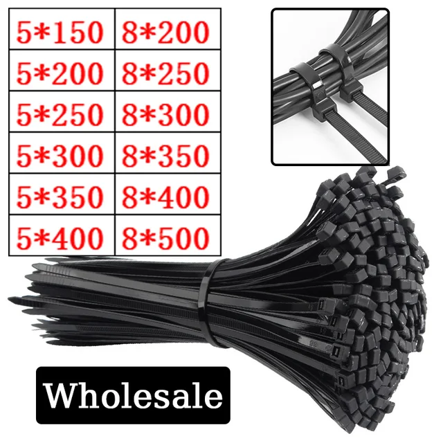 Samoblokująca plastikowa nylonowa opaska kablowa 5 * 200 mm 5 * 300 mm Czarna opaska kablowa Pierścień mocujący 8 * 500 mm Duża opaska kablowa Zapinana na zamek Opaska zaciskowa