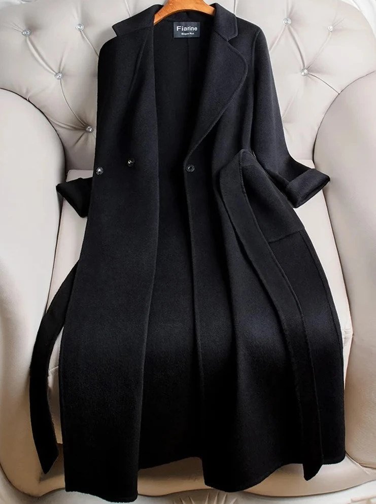 Cappotto di lana da donna Fimtairah Cappotto lungo trench nero, 2025 Autunno Inverno Nuovo cappotto di lana in stile coreano, capispalla caldo ed elegante