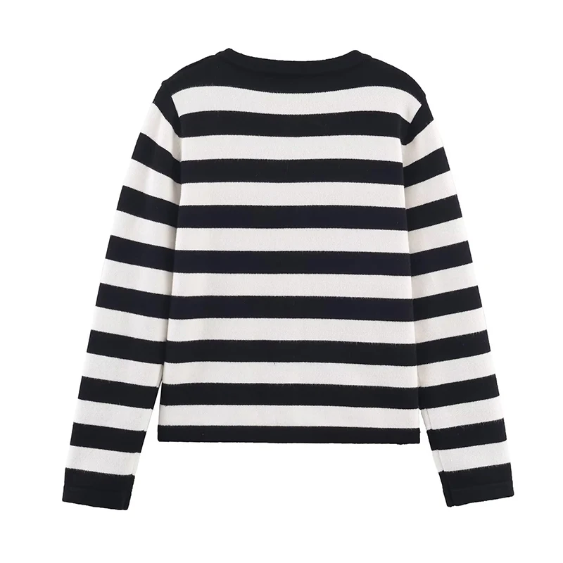 Black White Striped Knit Cardigan For Women Front Button O Neck Long Sleeve Casual Coat Chic Lady Autumn Winter Outerwear