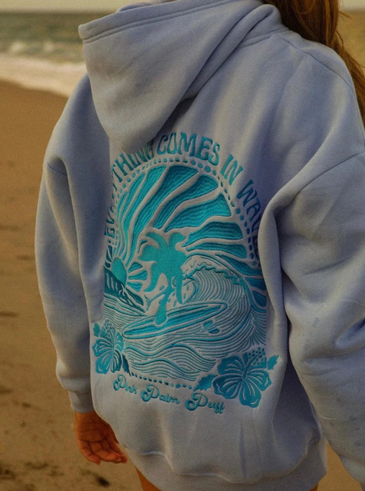 

Women's Lazy Style hoodie "Everything is in Waves" hoodie in blue.chasing sunsets Women's embroidered casual cotton hoodie