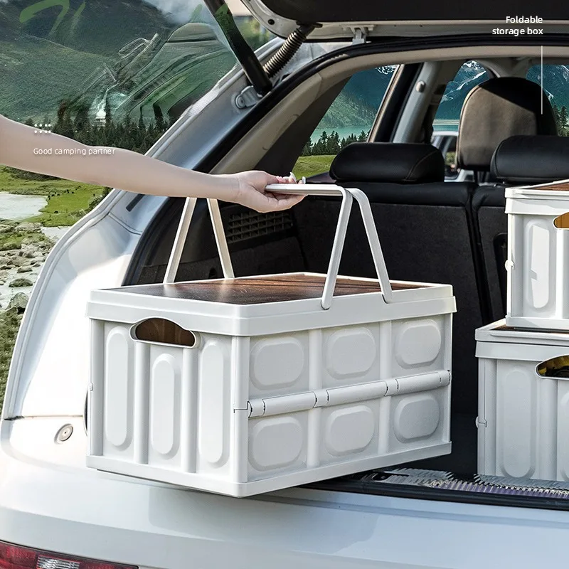 Multipurpose Outdoor Camping Storage Box with Wood Lid Foldable and Portable Design for Picnic and Car Trunk Organization Box