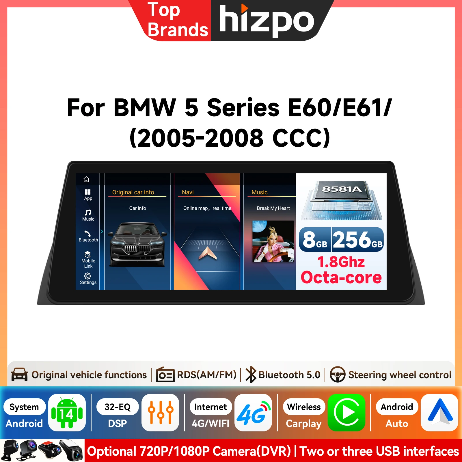 Hizpo 10,25 Zoll Android 14 Auto-Multimedia-Player für BMW 3er E60 E61 E63 E64 5er E90 E91 E92 E93 CCC CIC DSP Carplay Autoradio Auto-KI-Intelligentes System Head Unit Autoradio Video Stereo Audio