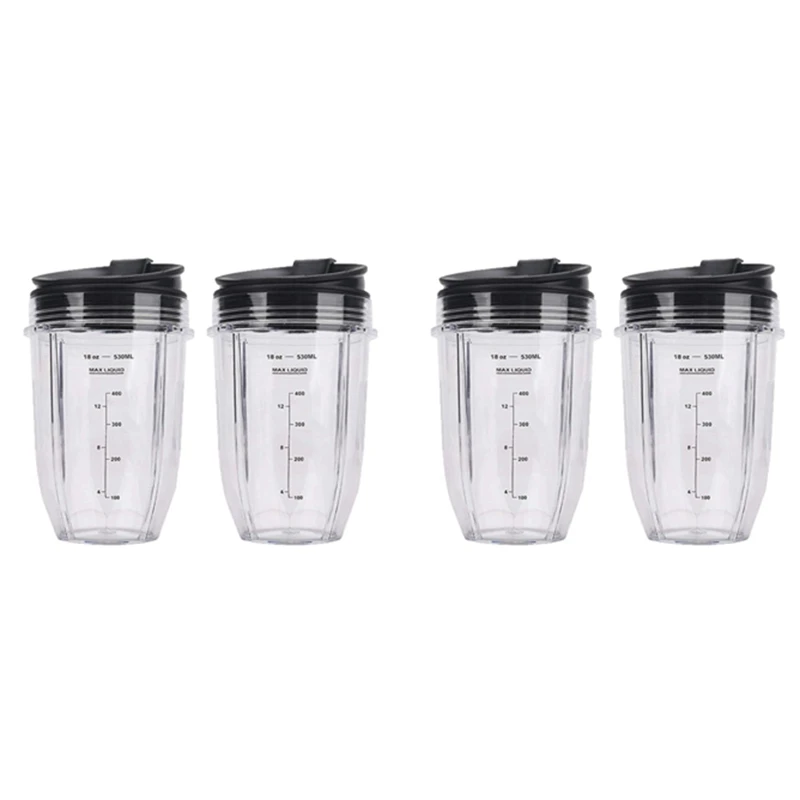 4 Pcs 18Oz Replacement Ninja Blender Cups With Lid For Ninja Auto IQ BL480 BL642 BL450 BL682 BL480, BL490, BL640 BL680