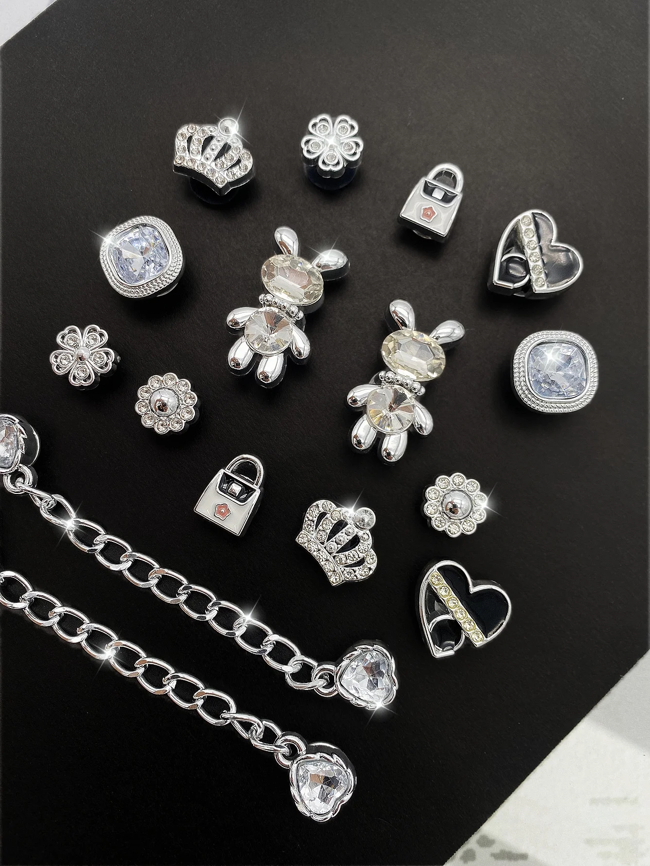 16 silver chain, crown, bag, flower, heart-shaped shoe buckle DIY decorations, multi-functional shoe clip accessories for women'