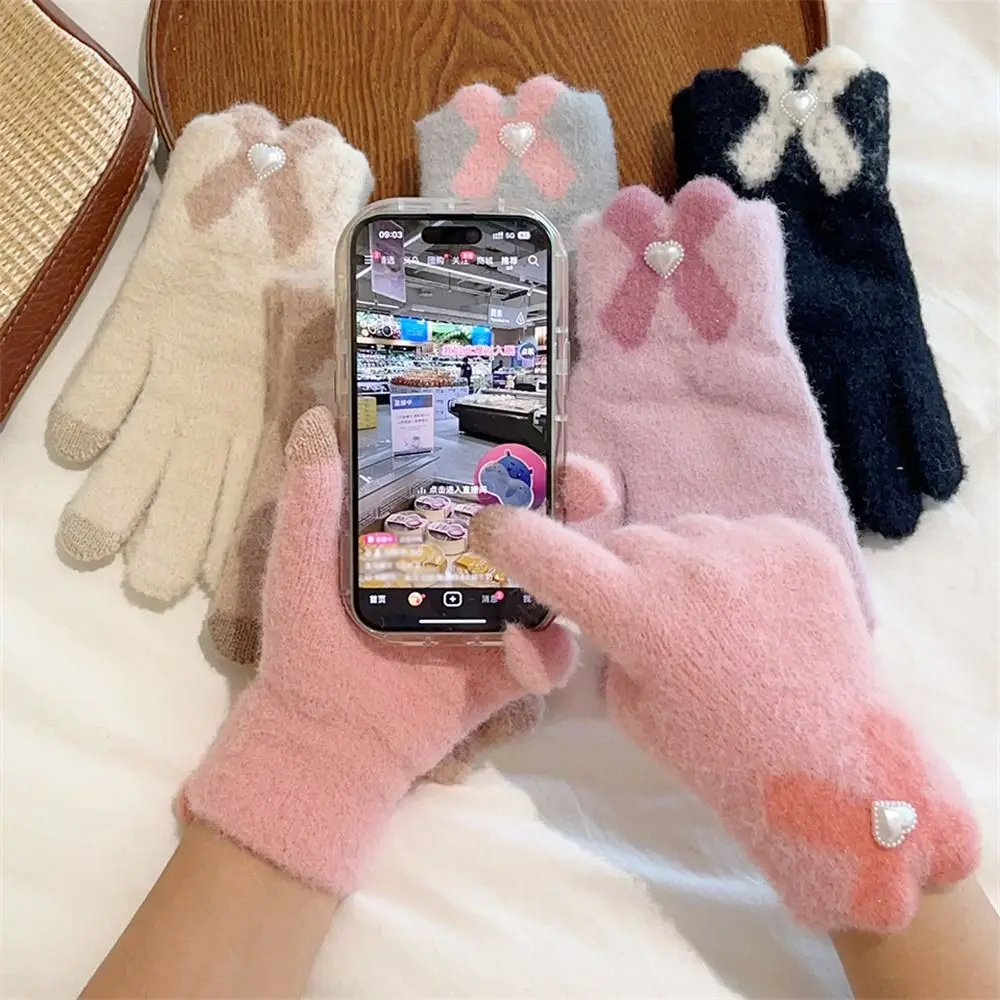 Модные зимние теплые зимние перчатки, эластичные перчатки с сенсорным экраном и полным пальцем, вязаные варежки для женщин и дам