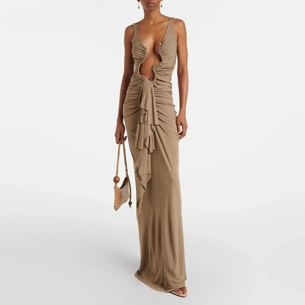 

Trendy Woman Clothes 2025 Spring Sexy Deep V Neck Hollow Ruffle Slim Long Dress Summer Straps Backless Zip Elegant Party Dresses