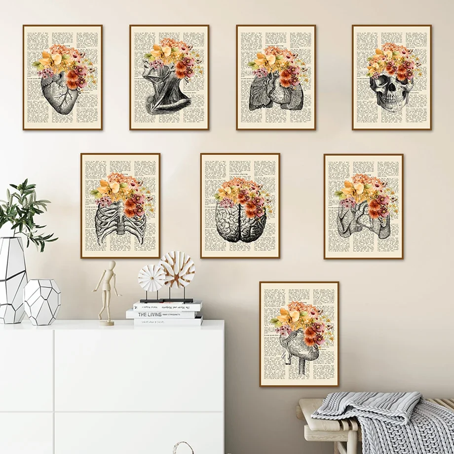 

Vintage Newspaper Heart Brain Anatomy Wall Art Canvas Painting Nordic Posters And Prints Wall Pictures For Living Room Decor