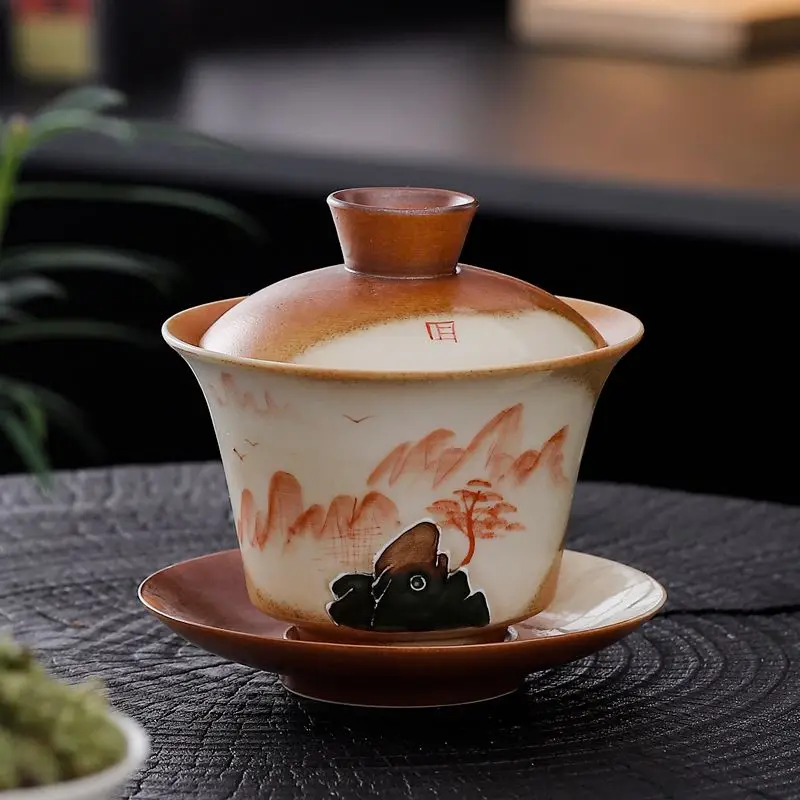 Dehua Hand-Painted Antique Gaiwan with Pulled Lines Traditional Tea Tureen for Kungfu Rituals Wood-Fire Finish Adds Rustic Charm