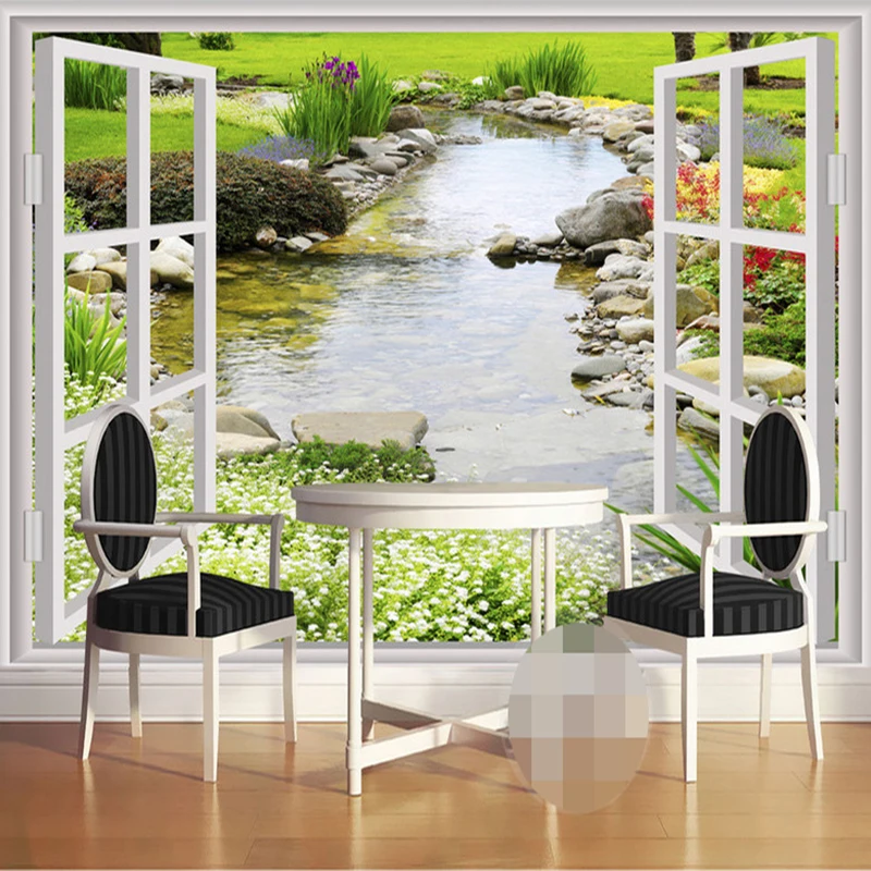 Customized products Mural Wallpaper Modern Simple 8D Window Garden Small River Flower Grass Bedroom living room TV backdrop wall