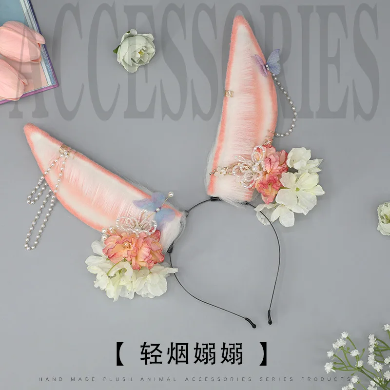 Anime Rabbit Ears Headband with Flower Anime Rabbit Ears Headdress Cosplay Accessories JK Girl Halloween Party Cosplay Props