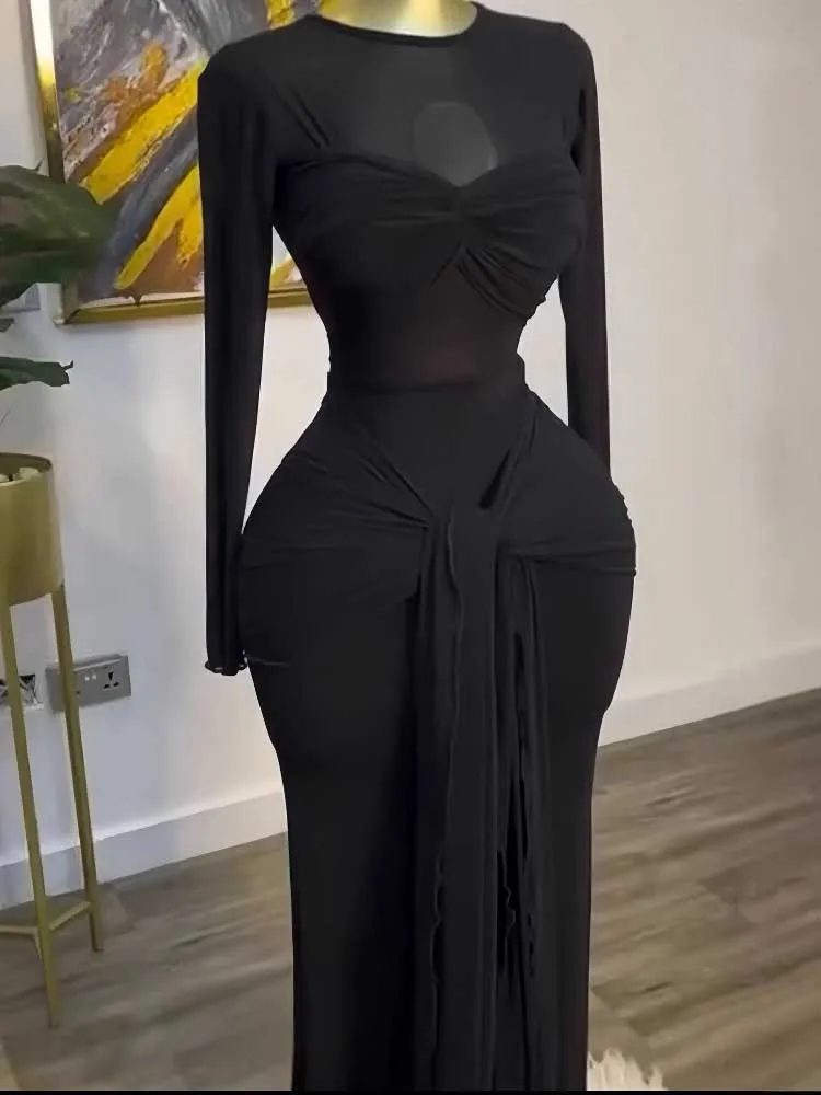 Female Clothing Transparent Bodycon Dress Long Sleeve Solid Color Women Flowy Autumn Dress Stretch Sexy Elegant Dress Ladies