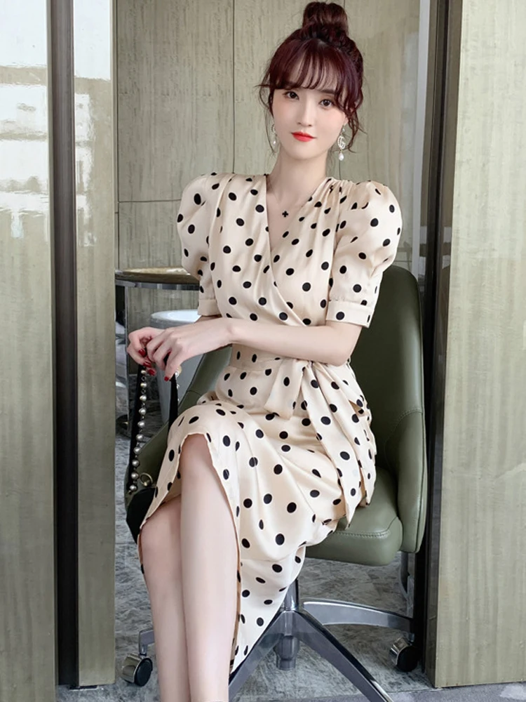 new arrival fashion party club dress women elegant summer vintage puff sleeve v-neck temperament office lady dot a-line dress