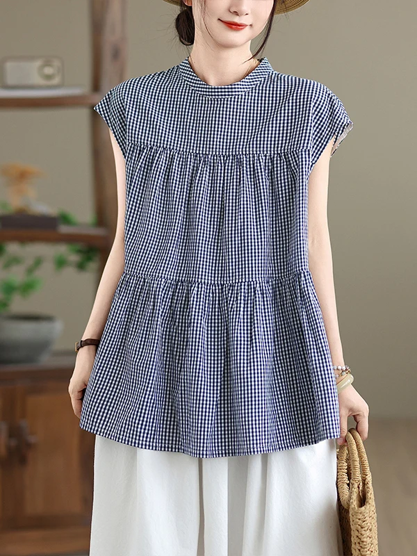 ผ้าฝ้ายแท้ลายสก๊อตสีฟ้าและสีขาวสำหรับผู้หญิงฤดูร้อนบางสบายๆหลวมรอบ Ne Top สบายระบายอากาศได้ดีหรือ Sve