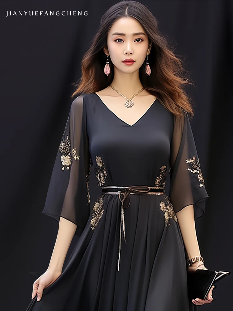 Womens Summer Short Sleeve Black Embroidered Chiffon Long Dress High Waisted A-line Pleated Big Swing Flowing Floor Dresses