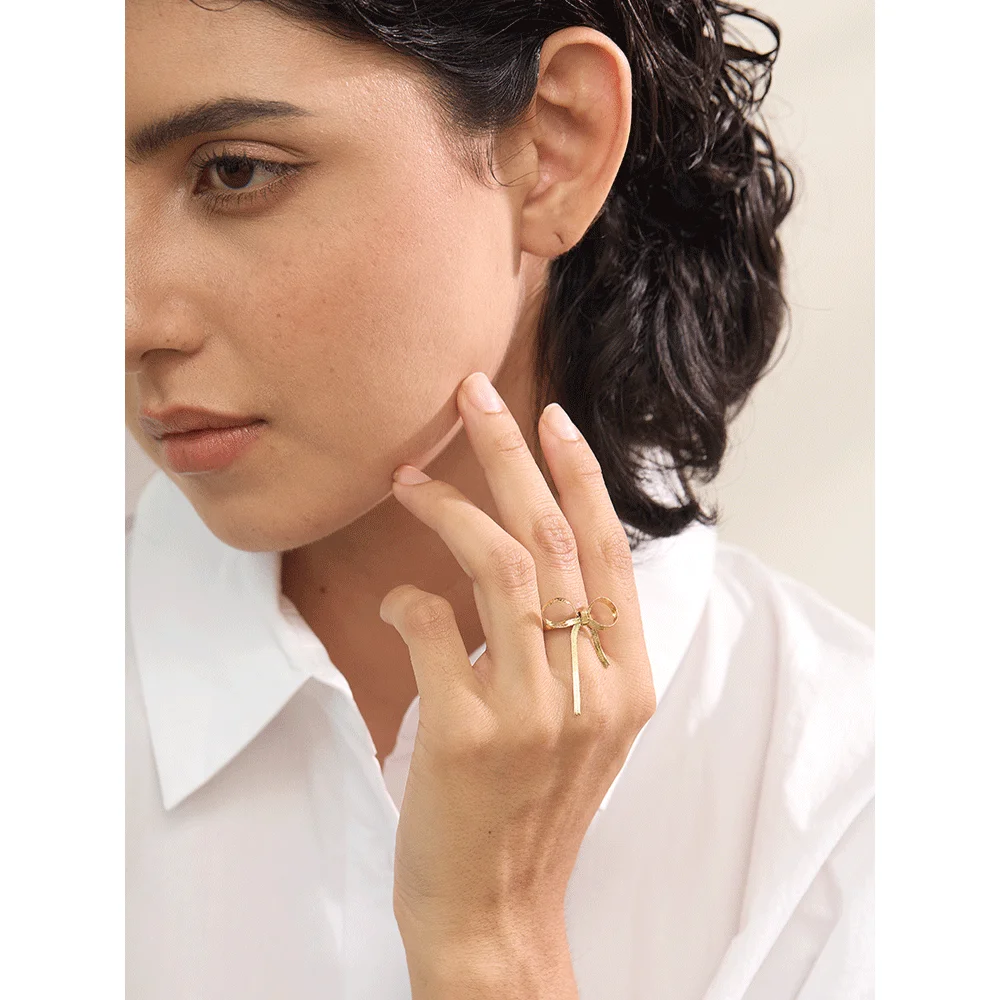 Yhpup Stylish Stainless Steel Bow Knot Adjustable Open Trendy Ring Women Charm Jewelry