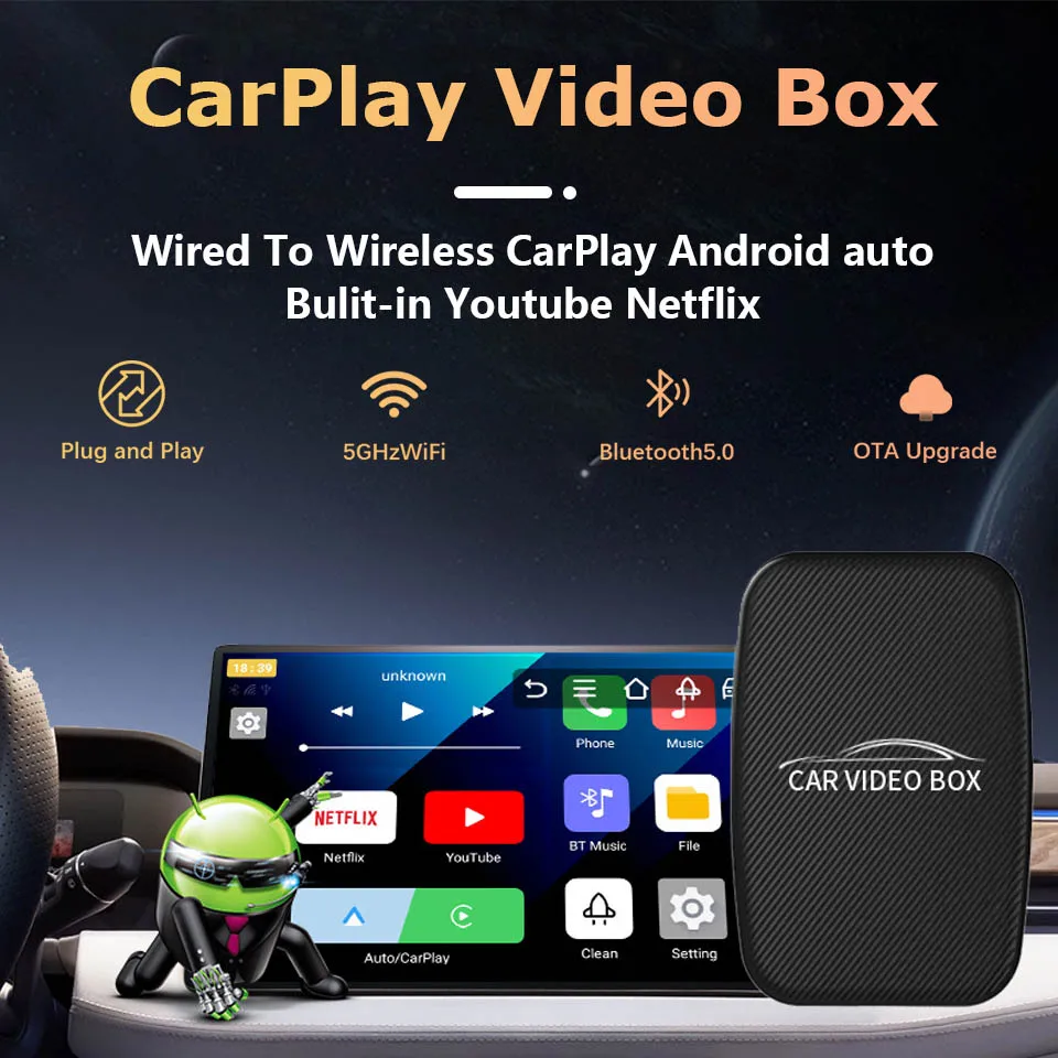 CarPlay Video Box Android 12 Wireless CarPlay Android Auto Adapter 5G WiFi Bulit in Youtube Nexflit IPTV Smart CarPlay Box