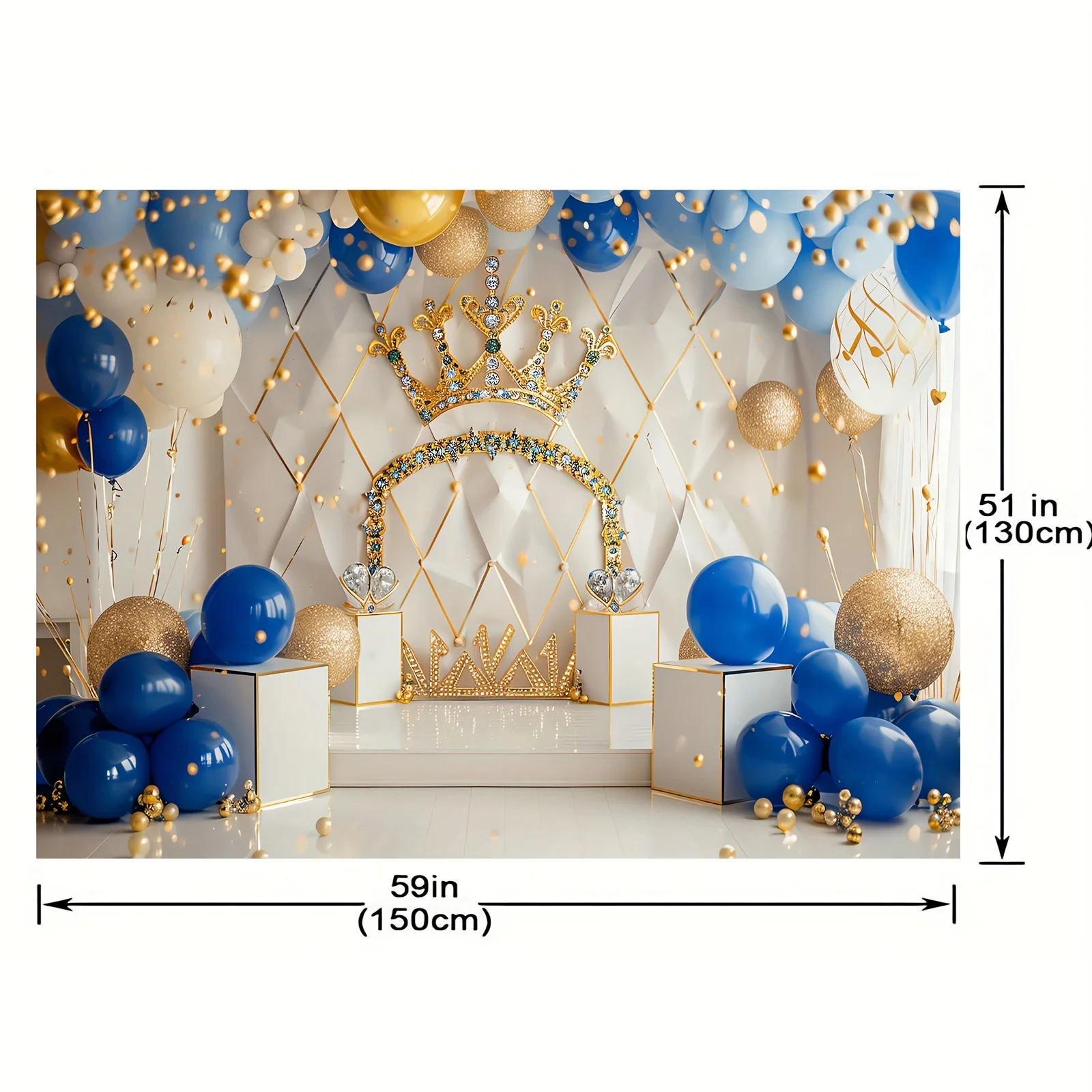 Royal blue and Gold King Crown party background, 1st birthday polyester banner, Prince Shower cake smash decoration