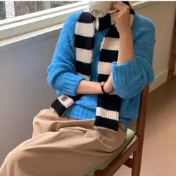 Black And White Striped Scarf Women In Winter Colour Blocking Stripes Long Narrow Harajuku Scarf Students Knitted Neck Warmer