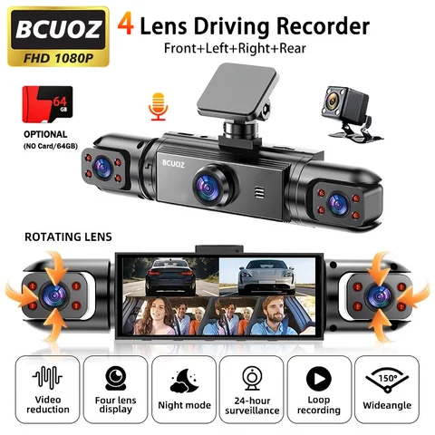 BCUOZ 4-Lens 360° Dashcam, 1080P Front + 720P Built-in Rear Left and Right car cameras, Super night vision, Loop recording, G-Sensor, WDR, 12-24V car plug power supply,Optional 64GB memory card.