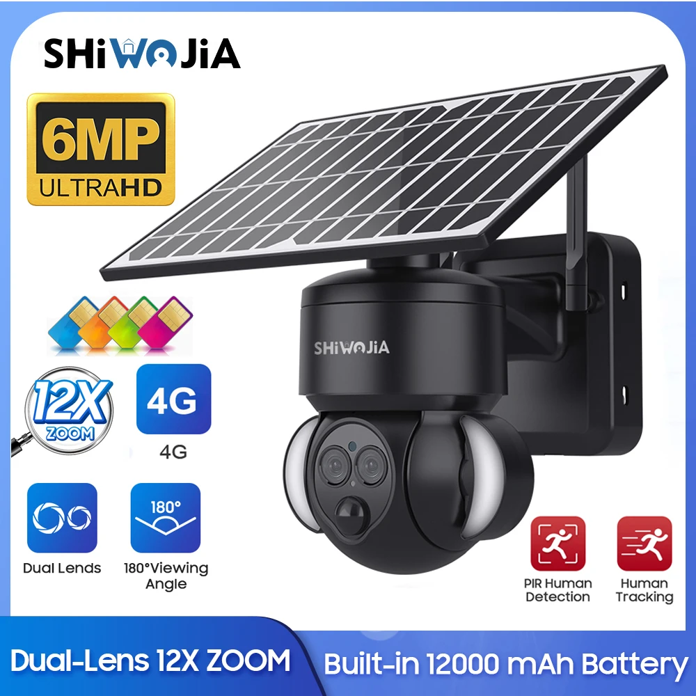 

SHIWOJIA 6MP Solar Camera 4G Sim Card Outdoor 12X ZOOM PIR Human Detection Solar Battery Security Camera CCTV Video Surveillance