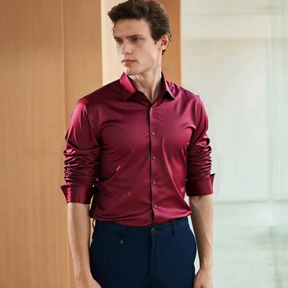 Men High-quality Shirt Men's Glossy Dress Shirt Solid Color Long Sleeve Business Shirt Casual Button-up for Weddings Parties