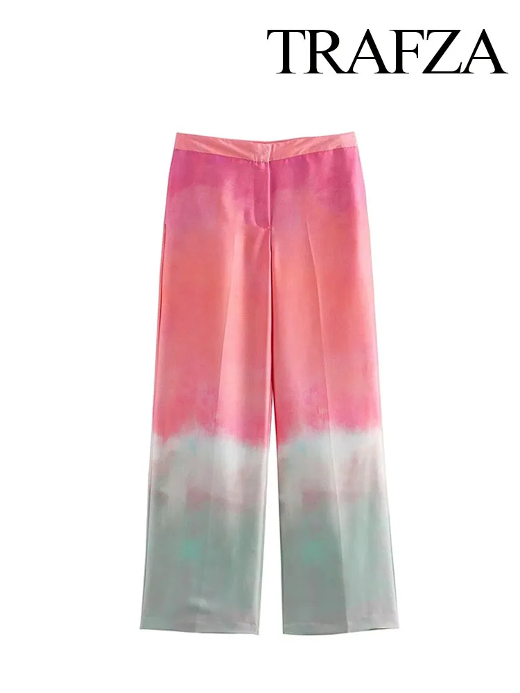 

TRAFZA Women Summer Fashion Long Pants Tie Dye High Waist Pockets Zipper Trousers Female High Street Wide Leg Pants 2 Color