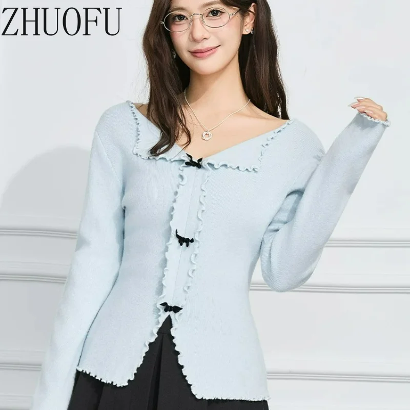 2026 Autumn New Women's Clothing French Sweet Design Cute Bow V-neck Knitted Cardigan Slim Thin Fungus Edge Pullovers Ladies