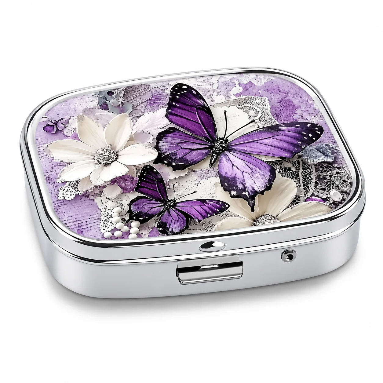 Purple Butterfly Pill Box Double Compartment Portable Medicine Case Pocket Size Travel Organizer Tablet Storage Gift Women Men