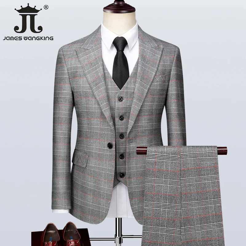 (  Blazer + Vest + Pants ) High-end Brand Gray Plaid Mens Formal Business Office Suit Three-piece Groom Wedding Dress Party Suit