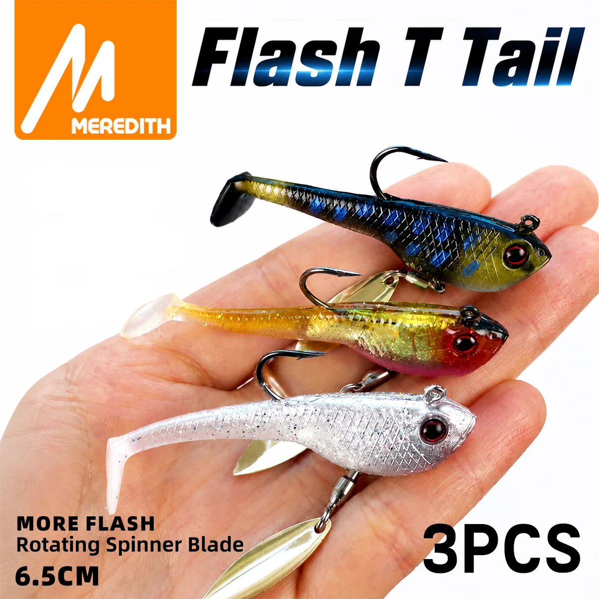 Meredith 3pcs rotate spinning Atifical lure with sharp hook fishing lure soft lure for bass trout carp swimbait lure