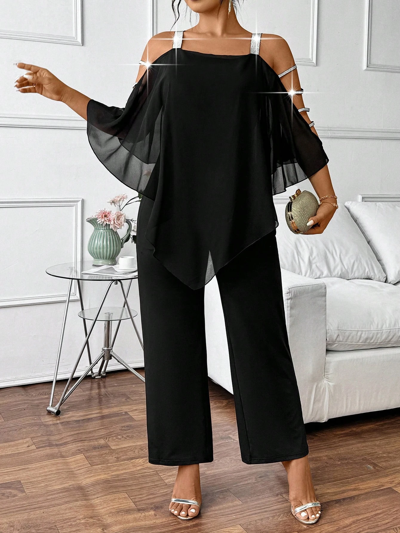 Übergroßer Jumpsuit für Damen mit Strass, Offenem Schulterbereich, Chiffon-Flügelärmeln und Weitem Bein, Elegante Party- und Abendgarderobe – Detail 5