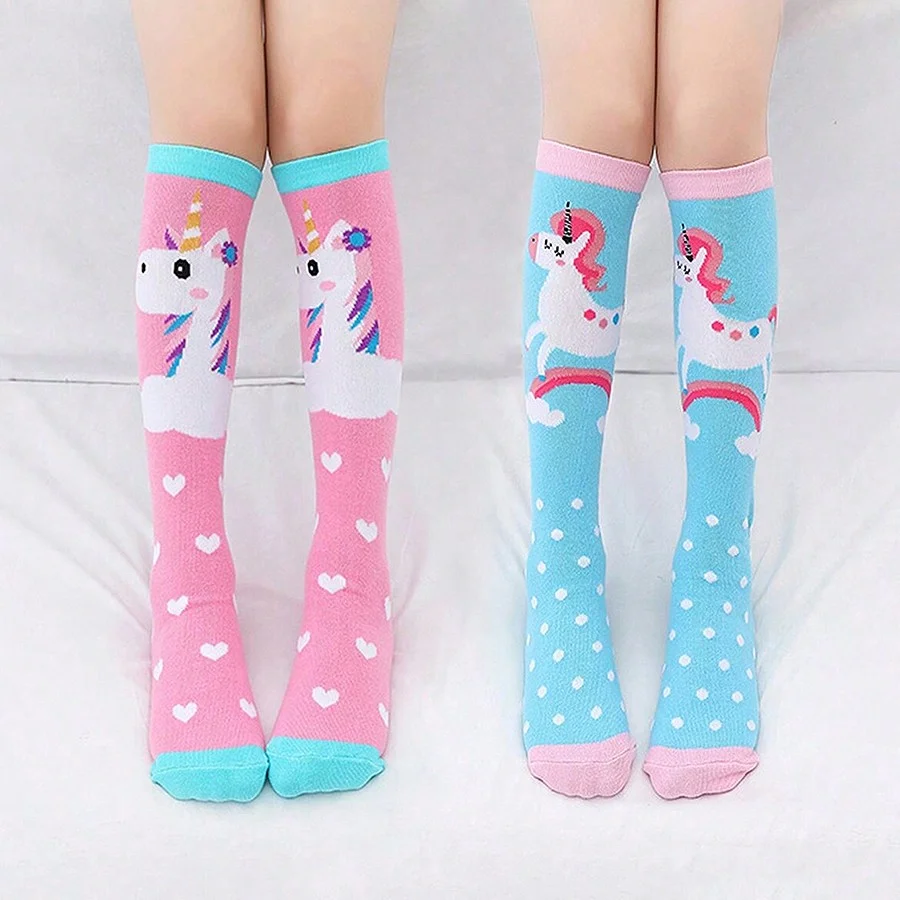 2 Pairs of Girls' Cute Unicorn Knee-High Socks, Soft and Comfortable Over-The-Knee Socks for Girls, Suitable for Casual Daily Life