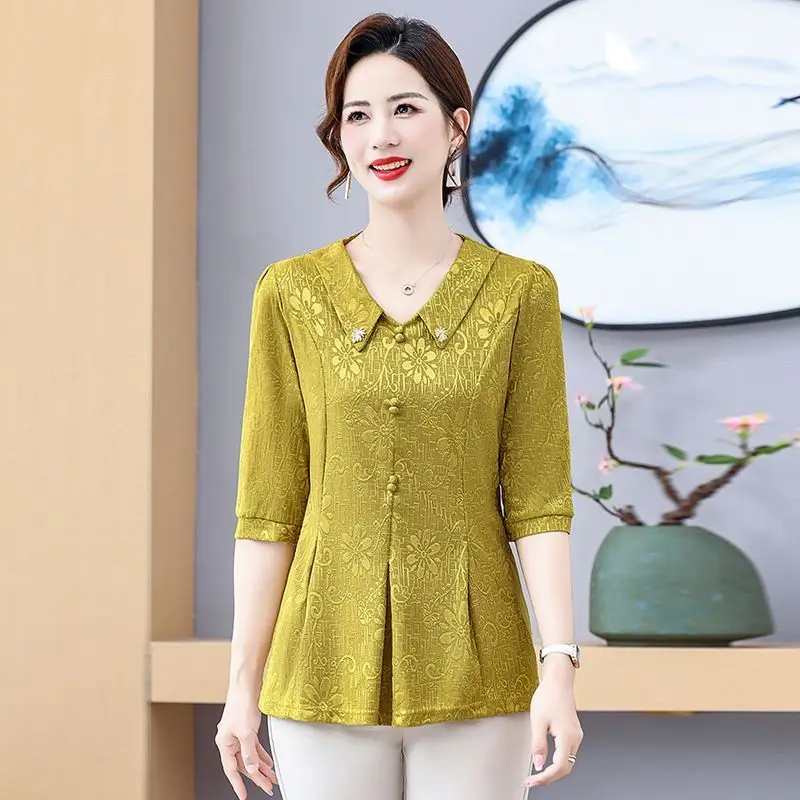 Nuevo estilo, ropa de verano para madre, Top de manga 3/4, camiseta elegante de moda para mediana edad y personas mayores