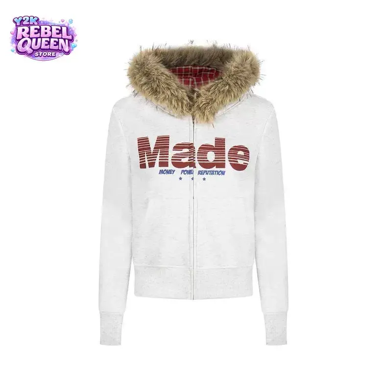 Autumn Vintage American Made Money Power Reputation Zip Up Hoodie Women Fur Trim Hood Cropped Loose Fit Casual Streetwear Outfit