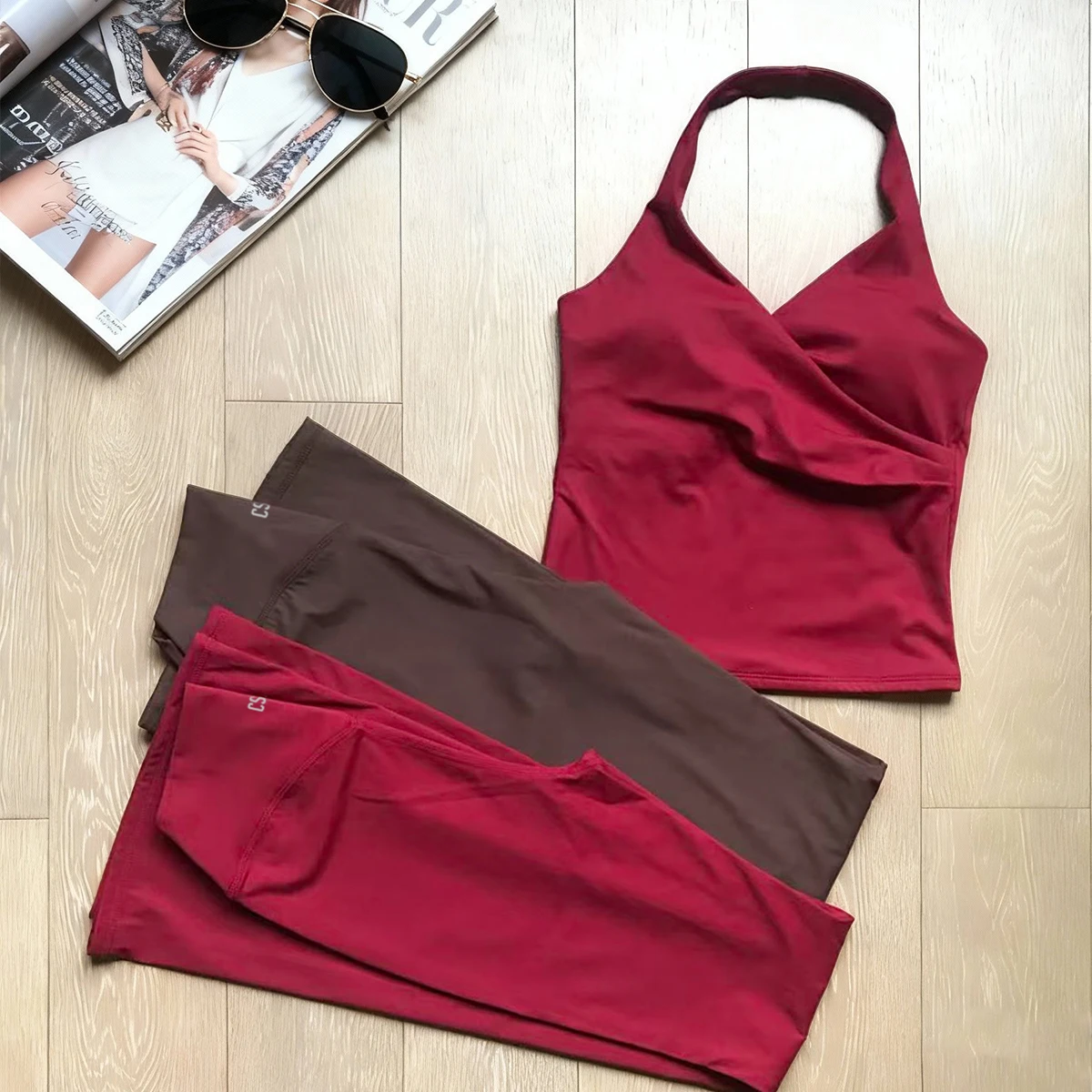 CSB  Flare Legging Set Women's V-neck Halter Top with Built in Bra & High Waist Leggings Gym Set  Pilates Outfit Gym Clothes