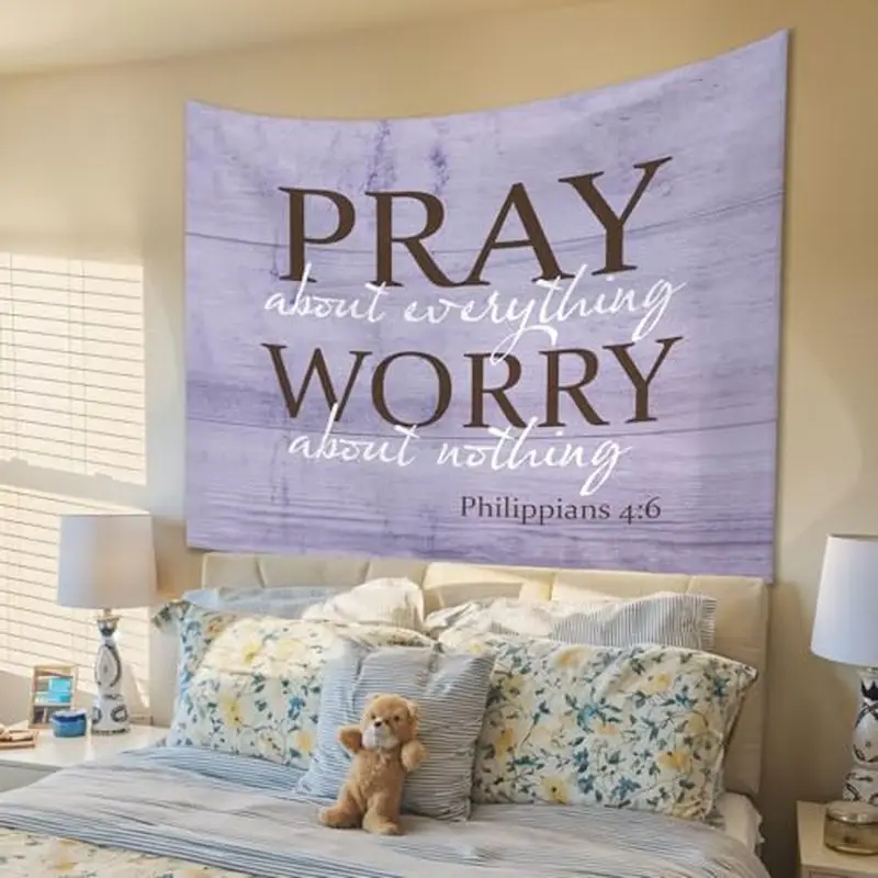 VIKAMA Philippians 4:6 Wood Grain Purple Tapestry, Christian Prayer Scripture Wall Hanging, Retro Religious Decor