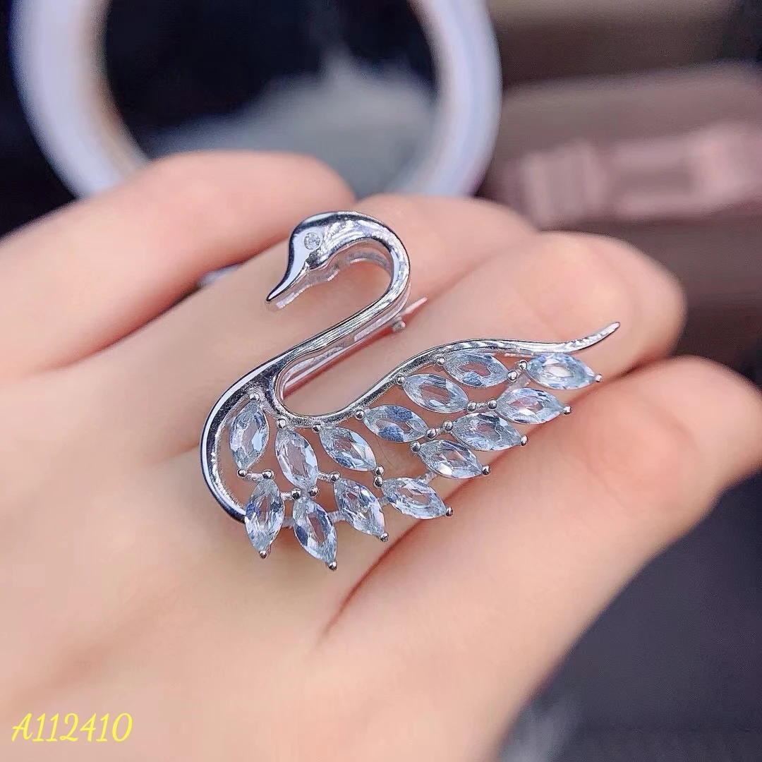 Natural Aquamarine Swan Shaped Women's Brooch S925 Pure Silver Exquisite Inlaid High Clarity Light Blue Color Support Testing