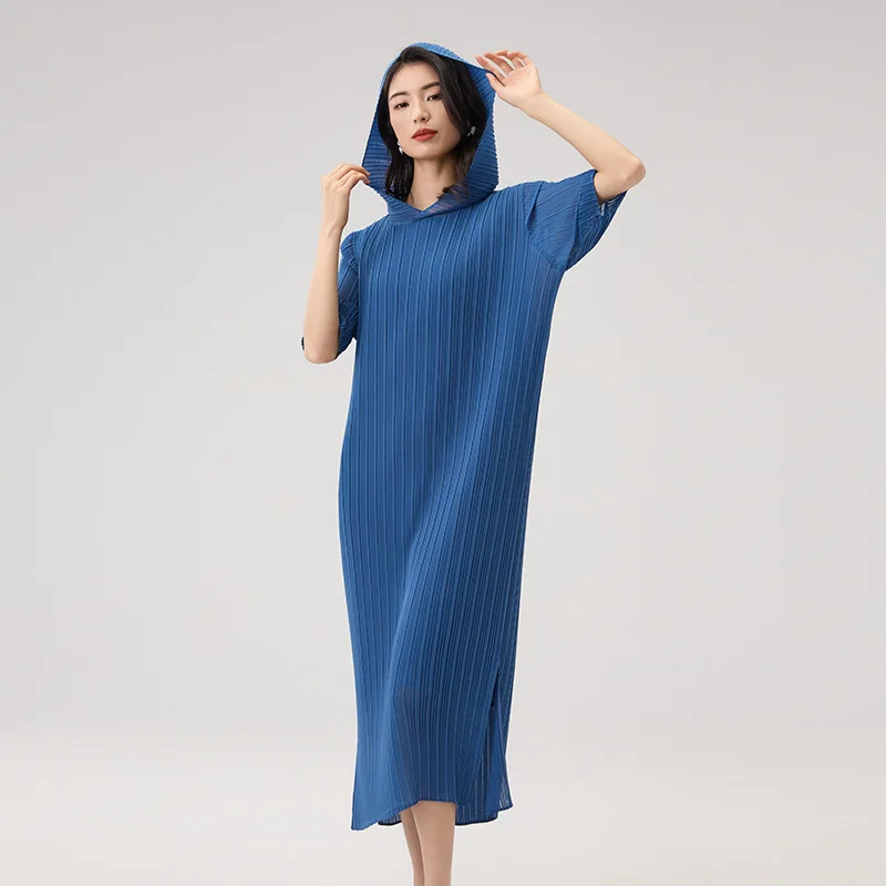 

Miyake Pleated Temperament Slim Dress 2025 Summer New Design Sense Hooded Loose Thin Straight Long Skirt